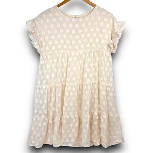 Aaron & Amber Casual Short Sleeve Ruffle Babydoll Dress Knee Length Cream Small